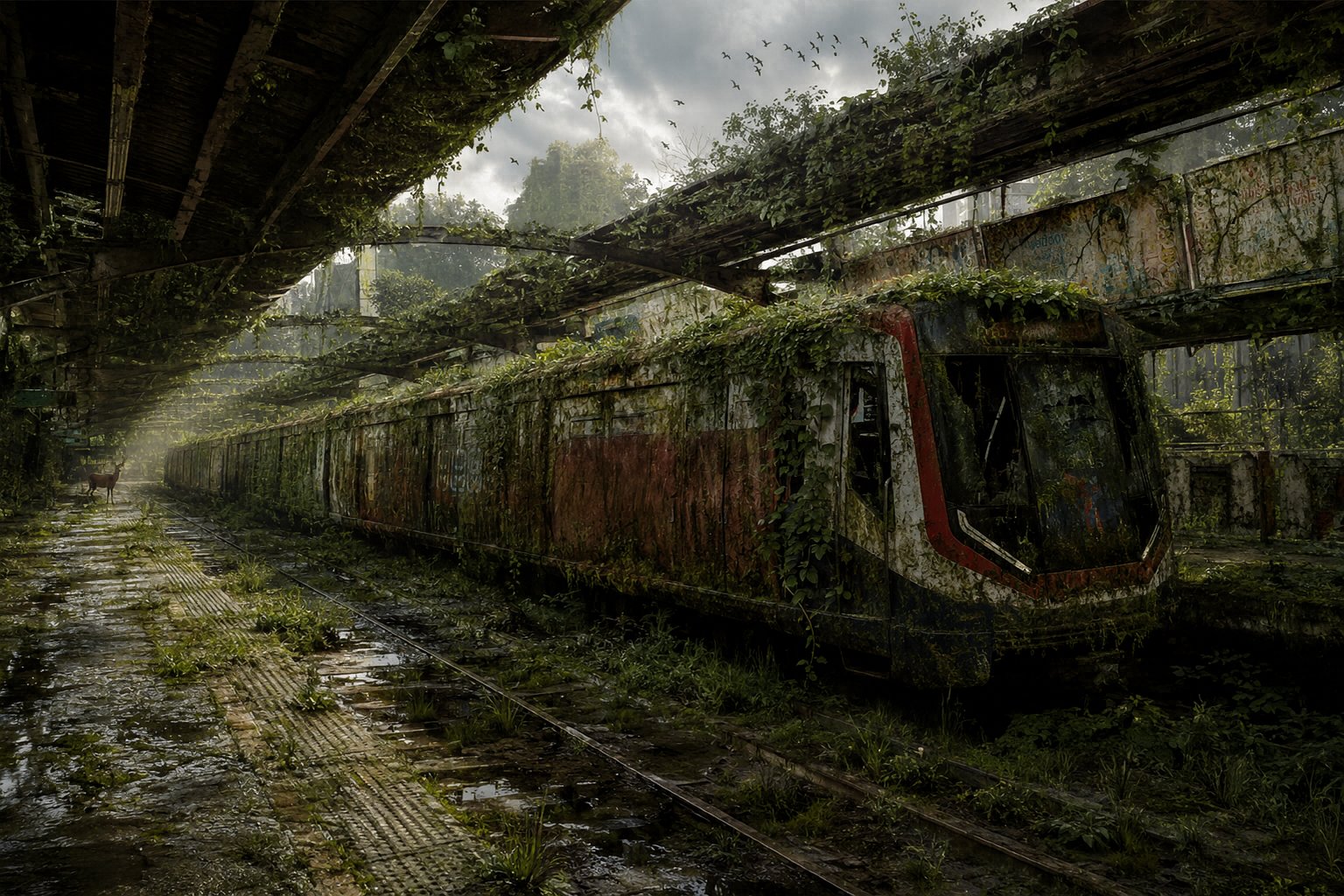 電車の1000年後——苔と蔦に呑まれた車両